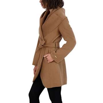 Tahari Women's Marilyn Lightweight Double Face Wool Wrap Coat with Oversized Collar, Solid Camel, Medium