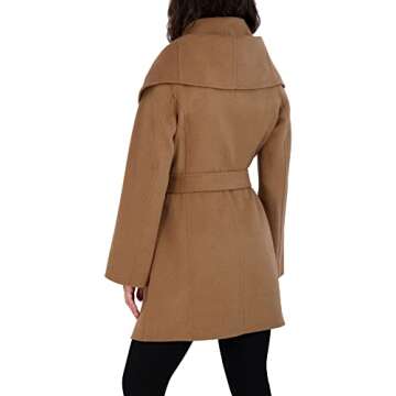 Tahari Women's Marilyn Lightweight Double Face Wool Wrap Coat with Oversized Collar, Solid Camel, Medium