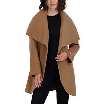 Tahari Women's Marilyn Lightweight Double Face Wool Wrap Coat with Oversized Collar, Solid Camel, Medium