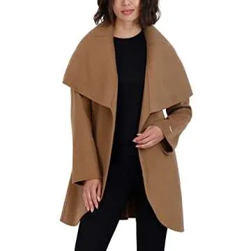 Tahari Women's Marilyn Lightweight Double Face Wool Wrap Coat with Oversized Collar, Solid Camel, Medium