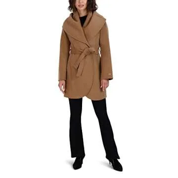 Tahari Women's Marilyn Lightweight Double Face Wool Wrap Coat with Oversized Collar, Solid Camel, Medium