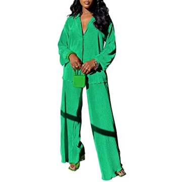 kaimimei Women's 2 Piece Outfits Pleated Wide Leg Pants Casual Long Sleeve Button Down Shirt Sets St...