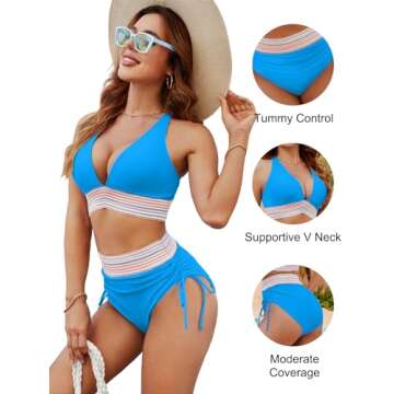 Blooming Jelly Womens High Waisted Bikini Tummy Control Color Block Swimsuits Two Piece Bathing Suit (L, Bright Blue)