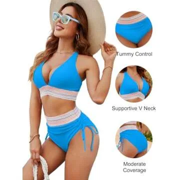 Blooming Jelly Womens High Waisted Bikini Tummy Control Color Block Swimsuits Two Piece Bathing Suit (L, Bright Blue)