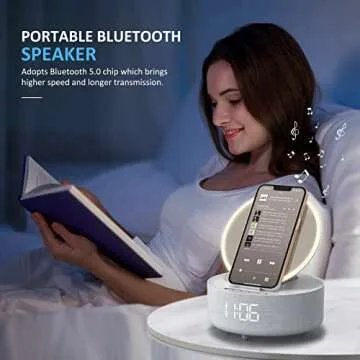 Bluetooth Speaker with LED Light Makeup Mirror, Wireless Charging Station for iPhone/Samsung, Stylish Multifunctional Automatic Clock Bedside Lamp Ideal for Home, Bedroom, Office & Gift