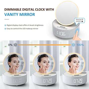 Bluetooth Speaker with LED Light Makeup Mirror, Wireless Charging Station for iPhone/Samsung, Stylish Multifunctional Automatic Clock Bedside Lamp Ideal for Home, Bedroom, Office & Gift