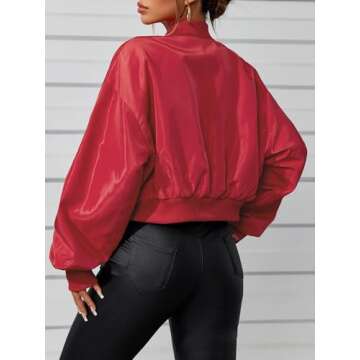 Verdusa Women's Cropped Bomber Lightweight Jacket Long Sleeve Zip Up Outerwear Red XS