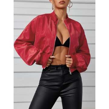 Verdusa Women's Cropped Bomber Lightweight Jacket Long Sleeve Zip Up Outerwear Red XS