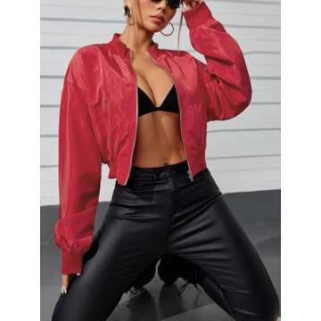 Verdusa Women's Cropped Bomber Lightweight Jacket Long Sleeve Zip Up Outerwear Red XS