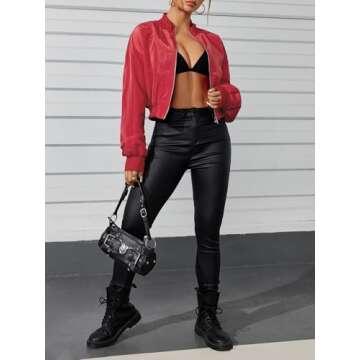 Verdusa Women's Cropped Bomber Lightweight Jacket Long Sleeve Zip Up Outerwear Red XS