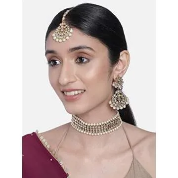 Aheli Indian Wedding Wear Beaded Faux Kundan Pearl Necklace Set with Earrings Maang Tikka Ethnic Fas...
