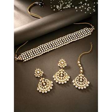 Aheli Indian Wedding Wear Beaded Faux Kundan Pearl Necklace Set with Earrings Maang Tikka Ethnic Fashion Jewelry for Women (White Kundan Choker)