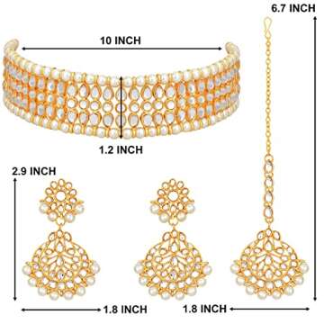 Aheli Indian Wedding Wear Beaded Faux Kundan Pearl Necklace Set with Earrings Maang Tikka Ethnic Fashion Jewelry for Women (White Kundan Choker)