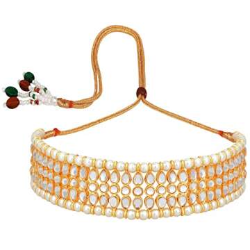 Aheli Indian Wedding Wear Beaded Faux Kundan Pearl Necklace Set with Earrings Maang Tikka Ethnic Fashion Jewelry for Women (White Kundan Choker)