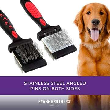 Ryan's Pet Supplies Paw Brothers Double Sided Firm Flex Slicker Brush, Professional Grade, Angled Stainless Steel Pins, Comfort Grip, Flexible Head, Large