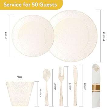 Goodluck 350 Piece Gold Glitter Plastic Dinnerware Set for 50 Guests, Disposable Plates for Party, Include: 50 Dinner Plates, 50 Dessert Plates, 50 Rolled Napkins with Silverware, 50 Cups