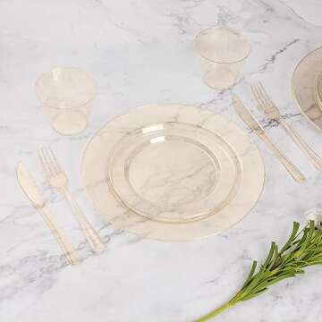 Goodluck 350 Piece Gold Glitter Plastic Dinnerware Set for 50 Guests, Disposable Plates for Party, Include: 50 Dinner Plates, 50 Dessert Plates, 50 Rolled Napkins with Silverware, 50 Cups