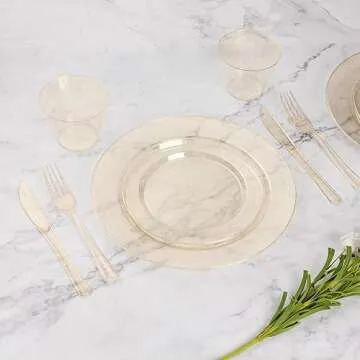 Goodluck 350 Piece Gold Glitter Plastic Dinnerware Set for 50 Guests, Disposable Plates for Party, Include: 50 Dinner Plates, 50 Dessert Plates, 50 Rolled Napkins with Silverware, 50 Cups
