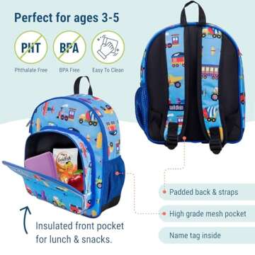 Wildkin 12-inch Kids Backpack – Padded, Adjustable, Ideal for Daycare & Travel - Trains, Planes, and Trucks