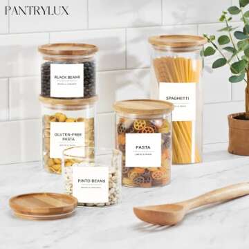 Pantrylux 166 Kitchen Pantry Labels for Food Containers, Kitchen Labels, Labels for Storage Bins, Pantry Labels for Containers, Minimalist Kitchen Pantry Labels, Labels for Organizing - White & Black