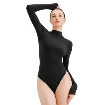 REORIA Women's Black Long Sleeve Bodysuits Turtleneck Mock Sexy Slim Double Lined Basic Layering Bod...