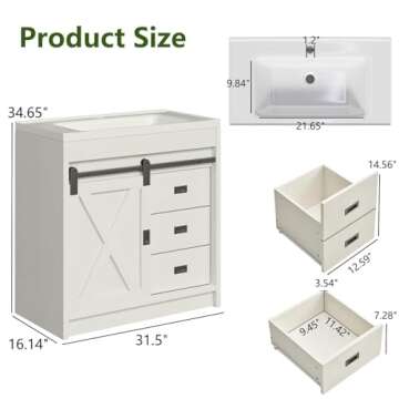 4ever2buy 31" Farmhouse Bathroom Vanity with Sink, White Sliding Barn Door Bathroom Vanity Cabinet with Storage Drawers, Small Single Bath Storage Vanity Sink