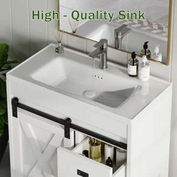 4ever2buy 31" Farmhouse Bathroom Vanity with Sink, White Sliding Barn Door Bathroom Vanity Cabinet with Storage Drawers, Small Single Bath Storage Vanity Sink