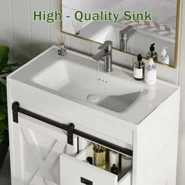 4ever2buy 31" Farmhouse Bathroom Vanity with Sink, White Sliding Barn Door Bathroom Vanity Cabinet with Storage Drawers, Small Single Bath Storage Vanity Sink