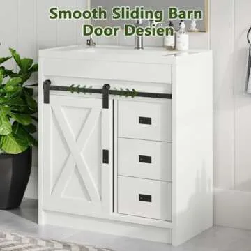 4ever2buy 31" Farmhouse Bathroom Vanity with Sink, White Sliding Barn Door Bathroom Vanity Cabinet with Storage Drawers, Small Single Bath Storage Vanity Sink