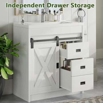 4ever2buy 31" Farmhouse Bathroom Vanity with Sink, White Sliding Barn Door Bathroom Vanity Cabinet with Storage Drawers, Small Single Bath Storage Vanity Sink