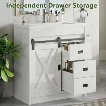 4ever2buy 31" Farmhouse Bathroom Vanity with Sink, White Sliding Barn Door Bathroom Vanity Cabinet with Storage Drawers, Small Single Bath Storage Vanity Sink