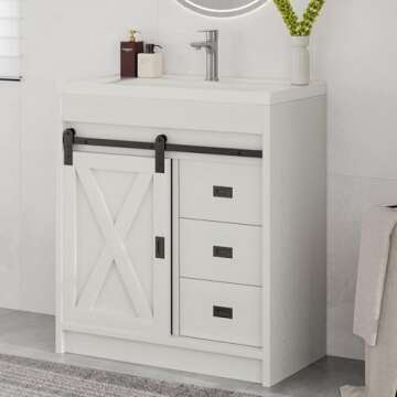 4ever2buy 31" Farmhouse Bathroom Vanity with Sink, White Sliding Barn Door Bathroom Vanity Cabinet with Storage Drawers, Small Single Bath Storage Vanity Sink