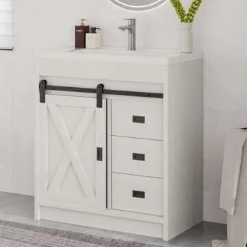 4ever2buy 31" Farmhouse Bathroom Vanity with Sink, White Sliding Barn Door Bathroom Vanity Cabinet with Storage Drawers, Small Single Bath Storage Vanity Sink