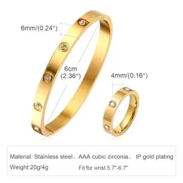 Gold Rings Bracelets for Women - 18K Gold Plated Love Friendship Bracelet Cubic Zirconia Bangle with Ring Jewelry Set ,Wedding Party Christmas Valentine's Day Birthday Gifts for Her Girlfriend
