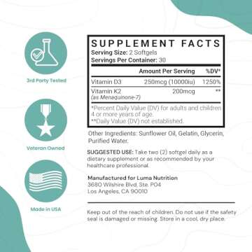 Luma Nutrition D3 + K2 Vitamin 10000 IU - Bone and Heart Health Supplement - Max Strength Immune Sup...