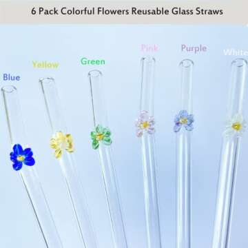 Flower Decorative Glass Straws, 8.2'' X 8mm Glass Straws Shatter Resistant,Reusable For Hot Or Cold Drinks
