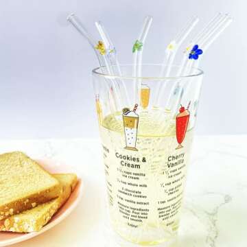 Flower Decorative Glass Straws, 8.2'' X 8mm Glass Straws Shatter Resistant,Reusable For Hot Or Cold Drinks