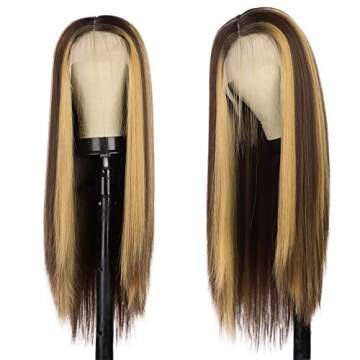 N NAYASA Long Straight Lace Front Wig Ombre Highlights Wigs for Women Synthetic Brown Mixed Blonde Colored Wig Middle Part Heat Resistant Wig Natural Looking Wigs for Daily Party Use 26”