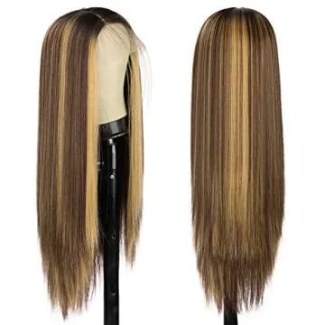 N NAYASA Long Straight Lace Front Wig Ombre Highlights Wigs for Women Synthetic Brown Mixed Blonde Colored Wig Middle Part Heat Resistant Wig Natural Looking Wigs for Daily Party Use 26”