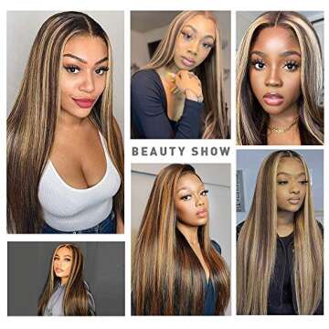N NAYASA Long Straight Lace Front Wig Ombre Highlights Wigs for Women Synthetic Brown Mixed Blonde Colored Wig Middle Part Heat Resistant Wig Natural Looking Wigs for Daily Party Use 26”