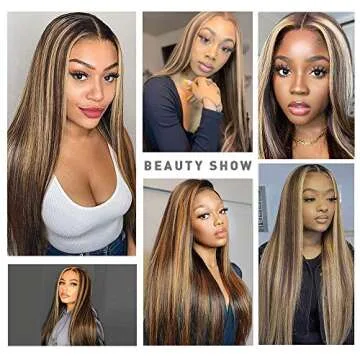 N NAYASA Long Straight Lace Front Wig Ombre Highlights Wigs for Women Synthetic Brown Mixed Blonde Colored Wig Middle Part Heat Resistant Wig Natural Looking Wigs for Daily Party Use 26”