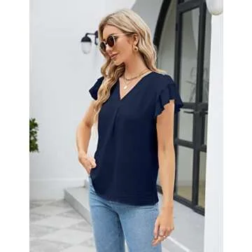 Blooming Jelly Womens Dressy Casual Shirts Short Sleeve V Neck Work Blouse Business Casual Summer Tops 2025(X-Large, Deep Blue)