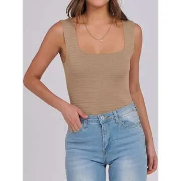 ANRABESS Tank Tops for Women Summer Square Neck Rib Knit Sleeveless Slim Fit Shirts Casual Basic Top 2025 Trendy Outfits Medium Khaki