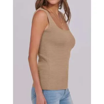 ANRABESS Tank Tops for Women Summer Square Neck Rib Knit Sleeveless Slim Fit Shirts Casual Basic Top 2025 Trendy Outfits Medium Khaki