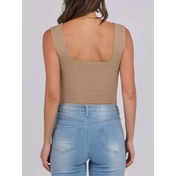 ANRABESS Tank Tops for Women Summer Square Neck Rib Knit Sleeveless Slim Fit Shirts Casual Basic Top 2025 Trendy Outfits Medium Khaki
