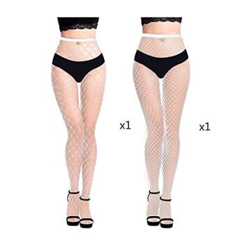 MengPa Women's Fishnets Tights High Waist Stockings Sexy Party Pantyhose 2Pcs (White-(L&XL Gride)) 2441