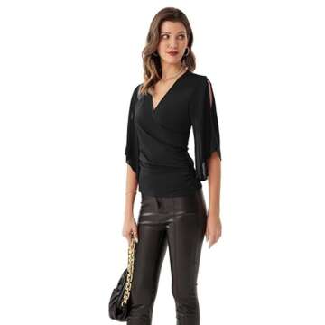 GRACE KARIN Women 3/4 Chiffon Sleeve Dressy Blouse Wrap Elastic Shirt Business Casual Party Flatteri...