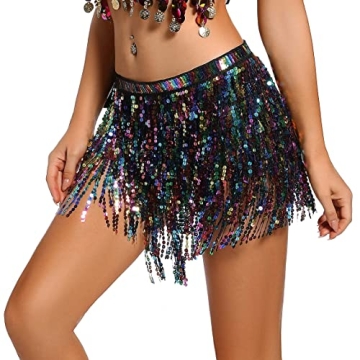 Lauthen.S Women Sequin Skirt Tassels Belly Dance Hip Scarf Sparkly Rave Fringe Wrap Skirt (Black/Rai...