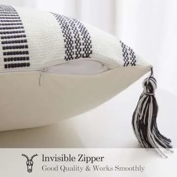 Smile Bee Spring Boho Outdoor Throw Pillow Covers Set of 2, Decorative Woven Striped Pillow Covers with Tassels for Couch Bed Sofa, 18x18 Inch, Navy Blue and Cream White