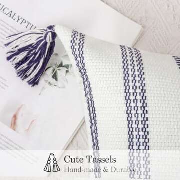 Smile Bee Spring Boho Outdoor Throw Pillow Covers Set of 2, Decorative Woven Striped Pillow Covers with Tassels for Couch Bed Sofa, 18x18 Inch, Navy Blue and Cream White